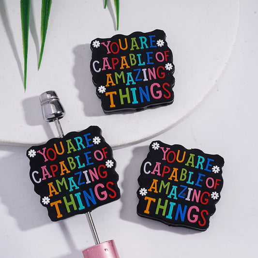 Black Square Shape Silicone Focal Beads with Text "YOU ARE CAPABLE OF AMAZING THINGS" and White Flowers