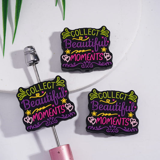 Black Silicone Focal Beads with Text "COLLECT Beautiful MOMENTS" and Floral Scrolls Stars Hearts