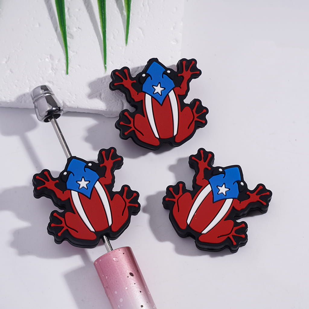 Puerto Rico Flag Pattern Frog Shape Silicone Focal Beads