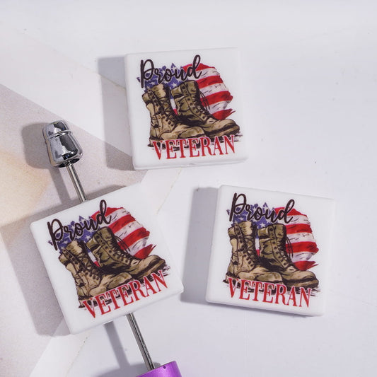 Proud Veteran USA Flag Military Boots Patriotic Design White Flat Square Shape Silicone Focal Beads