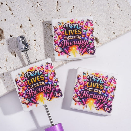 Flat Square Shape Silicone Focal Beads with Text "Pen LIVES ARE MY Therapy" and Pens Patterns