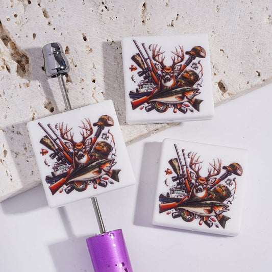 North American Hunting Culture Theme and Deer Fish Gun Patterns Silicone Focal Beads, Flat Square Shape