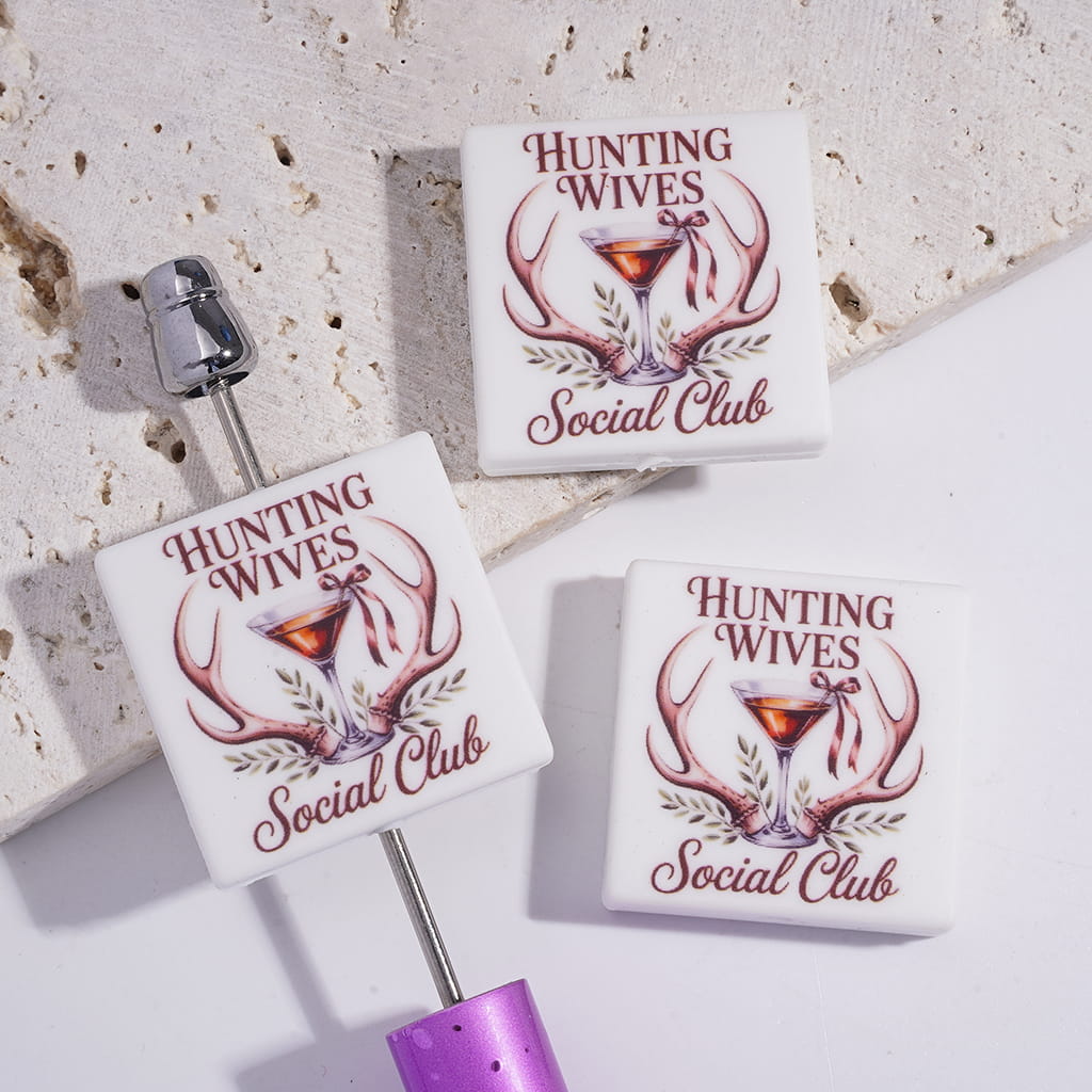 Hunting Wives with Text "HUNTING WIVES Social Club Wine Theme Flat Square Shape Silicone Focal Beads