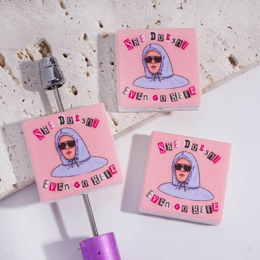 Cool Girl with Sunglasses Hoodie with Text "SHE DOESN'T EVEN GO HERE", Flat Square Shape Silicone Focal Beads