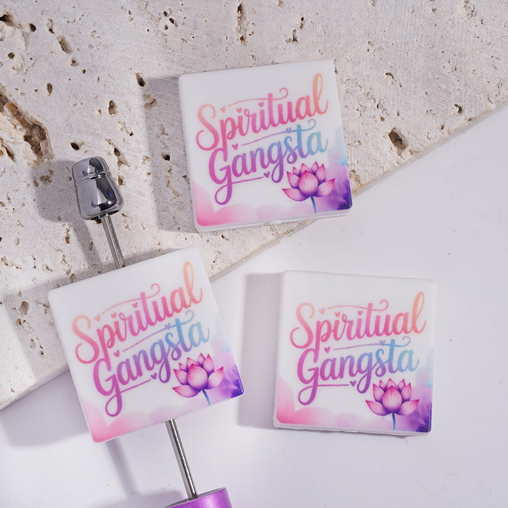 Flat Square Shape Silicone Focal Beads with Text "Spiritual Gangsta" and Pink Purple Lotus Flower