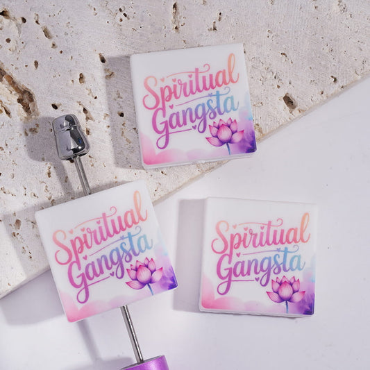 Flat Square Shape Silicone Focal Beads with Text "Spiritual Gangsta" and Pink Purple Lotus Flower