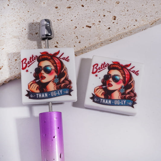 Girl Applying Lipstick with Text "Better Late Than Ugly", Flat Square Shape Silicone Focal Beads