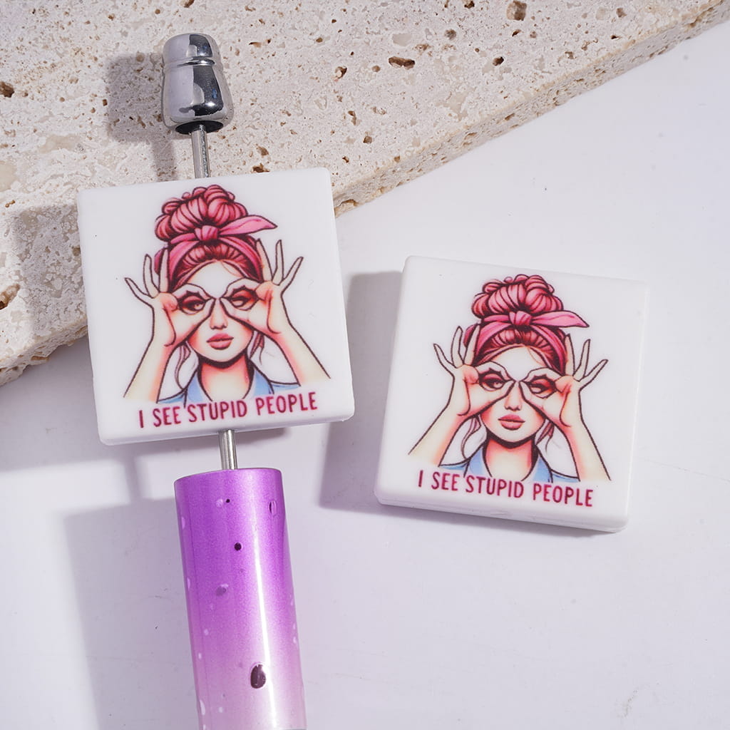 Silicone Focal Beads with Text "I SEE Humor PEOPLE" and Girl, Flat Square Shape