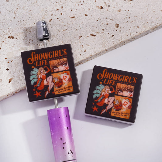 Flat Square Shape Silicone Focal Beads with Text “SHOWGIRLS LIFE” and Dancing Girl, Orange Theme