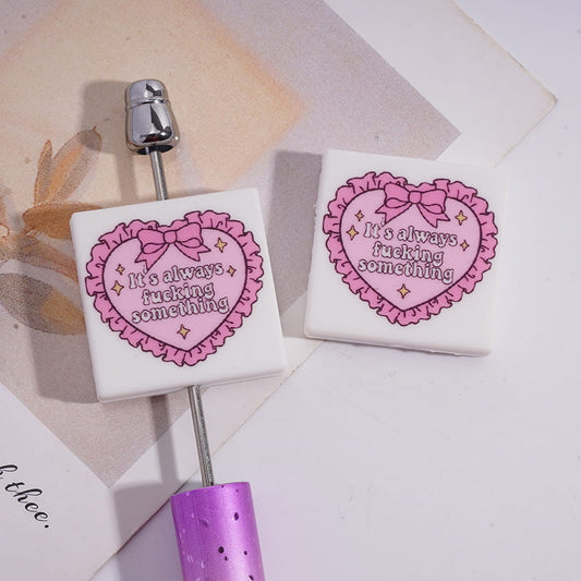 Flat Square Shape Silicone Focal Beads with Text ‘It’s always humor something’ and Star on Pink Lace Bowtie Heart