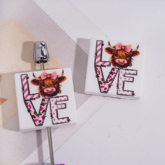 Highland Cow Head with Bowtie and Text "LOVE" Silicone Focal Beads, Flat Square Shape