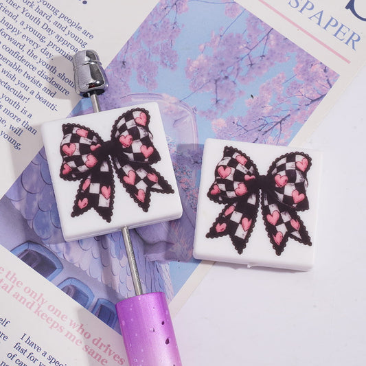 Black & White Checkered Pattern and Pink Heart Bowknot Design, Flat Square Shape Silicone Focal Beads