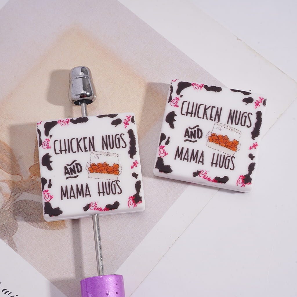 Chicken Nugget Box and Text “Chicken Nugs and Mama Hugs”, Flat Square Shape Silicone Focal Beads
