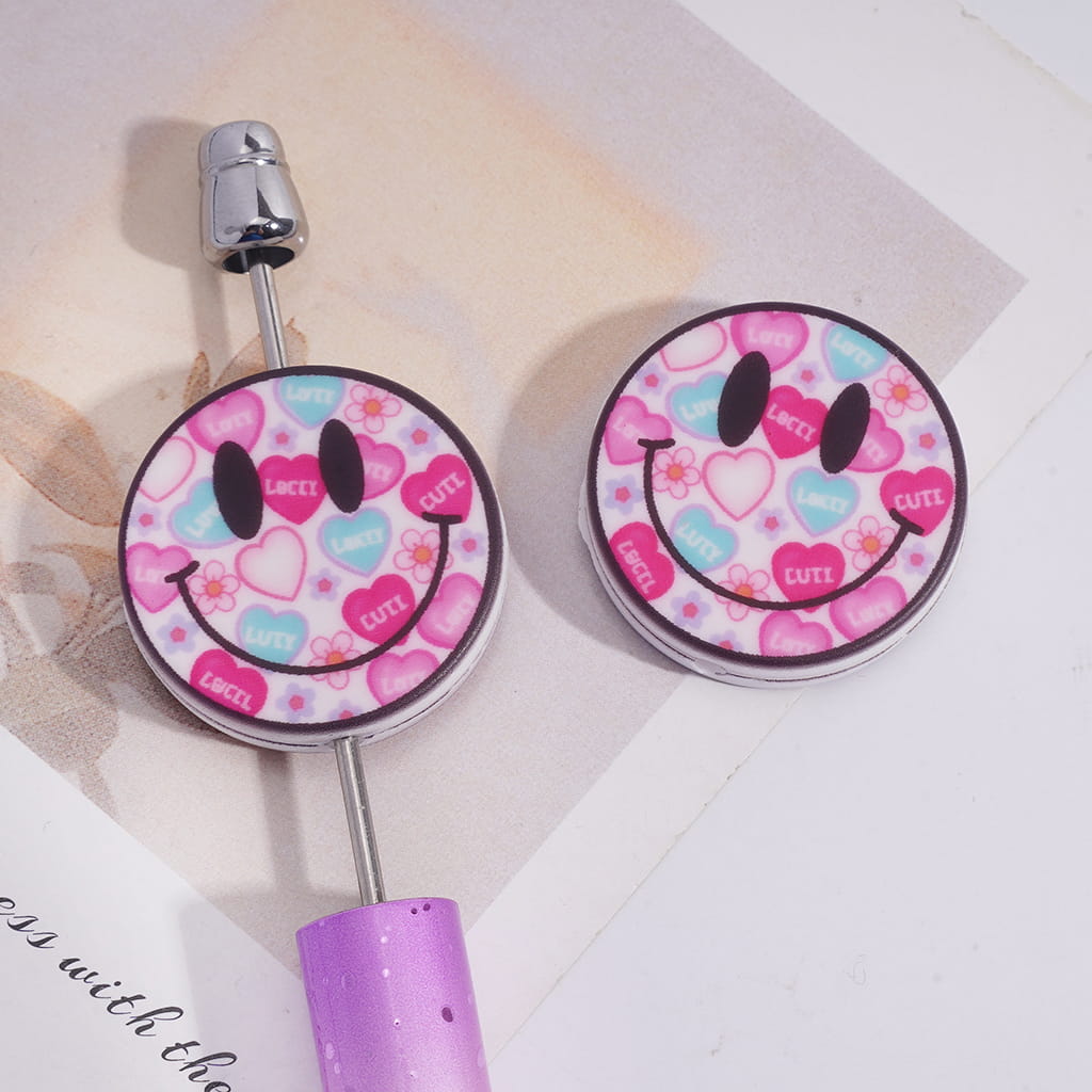 Pink Smiley Face Expression and Assorted Motivational Text, Flat Round Shape Silicone Focal Beads
