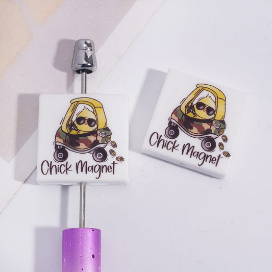 Cute Yellow Chick in Car with “Chick Magnet” Funny Quote Design, Flat Square Shape Silicone Focal Beads