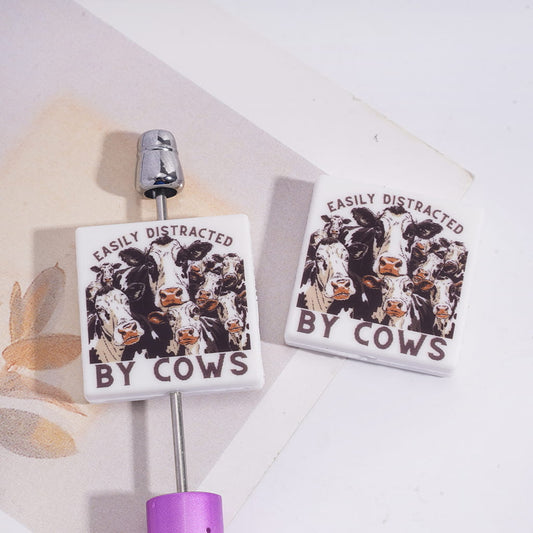 Cute Humorous Cow Farm Animal Quote “Easily Distracted by Cows”, Flat Square Shape Silicone Focal Beads