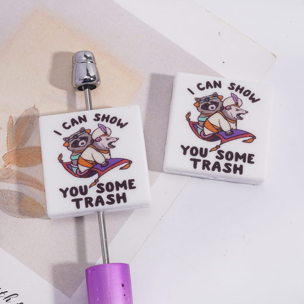 Quirky Animal Raccoon & Mouse Magic Carpet Design with Funny Quote “I Can Show You Some Trash”, Flat Square Shape Silicone Focal Beads