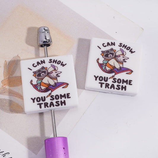 Quirky Animal Raccoon & Mouse Magic Carpet Design with Funny Quote “I Can Show You Some Trash”, Flat Square Shape Silicone Focal Beads