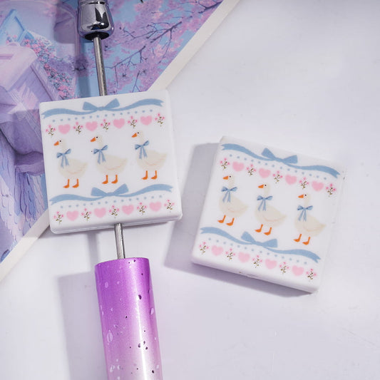 Farm Animal Theme with Trio White Ducks in Blue Bowties and Flower Frame Design Flat Square Shape Silicone Focal Beads