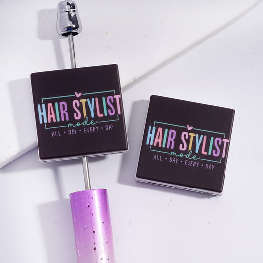 Silicone Focal Beads with Text "HAIR STYLIST mode & ALL· DAY·EVERY·DAY" and Line Heart, Flat Square Shape