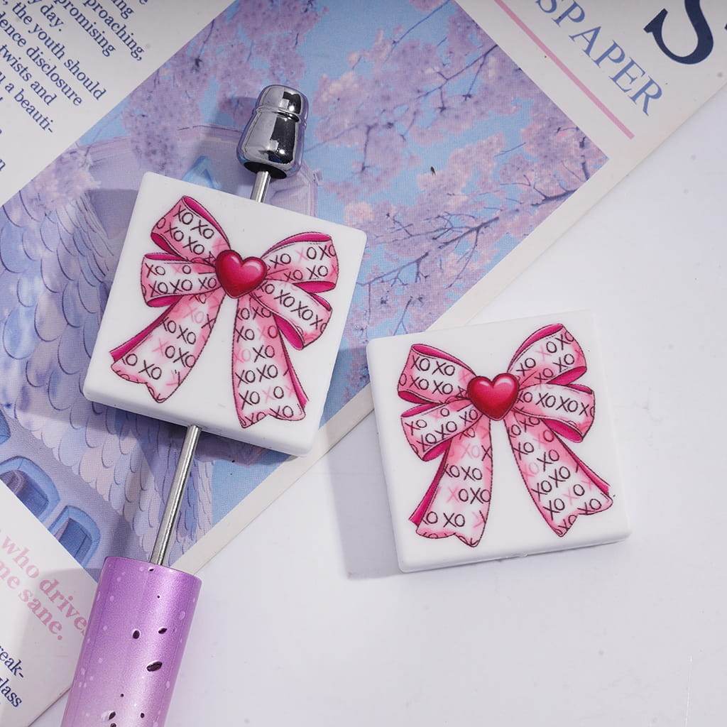 Pink & White Romantic Style Bowknot with Heart & Text "XO XO..." Flat Square Shape Silicone Focal Beads