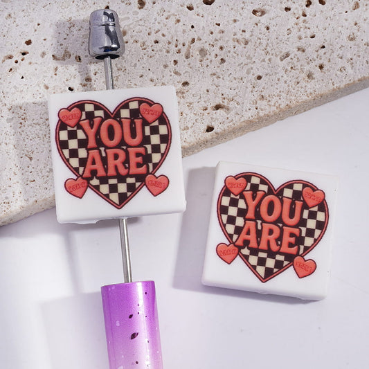 You Are Checkered Heart Motivational Design Flat Square Shape Silicone Focal Beads