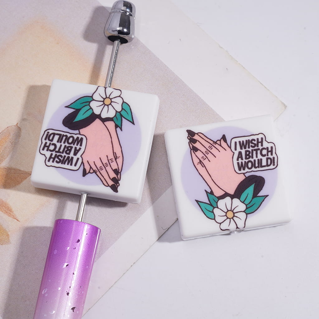 Flat Square Shape Silicone Focal Bead with “I Wish a Humor Would!” Text, Prayer Hands & White Flower