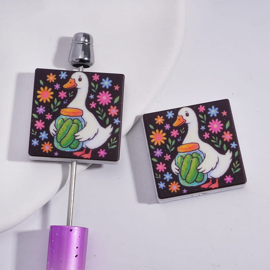 Cute White Goose Holding Pickle Jar & Flowers, Flat Square Shape Silicone Focal Bead