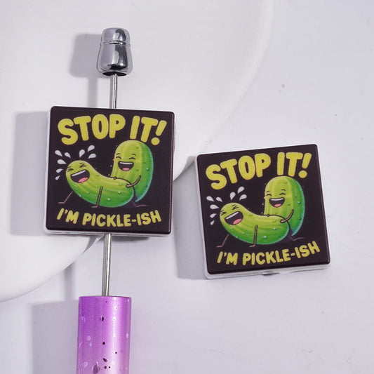 Flat Square Shape Silicone Focal Beads with Cucumbers and Text "STOP IT & I'M PICKLE-ISH"