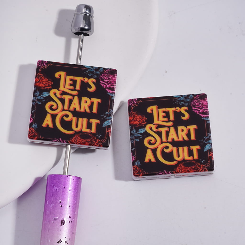 Rose Flower Print Flat Square Shape Silicone Focal Beads with Text "LET'S START A Humor"