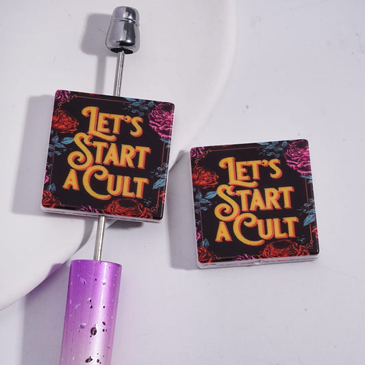 Rose Flower Print Flat Square Shape Silicone Focal Beads with Text "LET'S START A Humor"