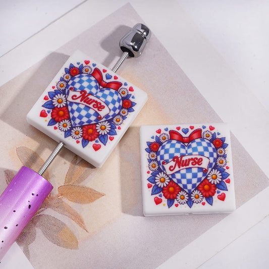 Blue & White Checkered Heart, Red Bowtie & Daisy Flowers with text Nurse Flat Square Shape Silicone Focal Bead