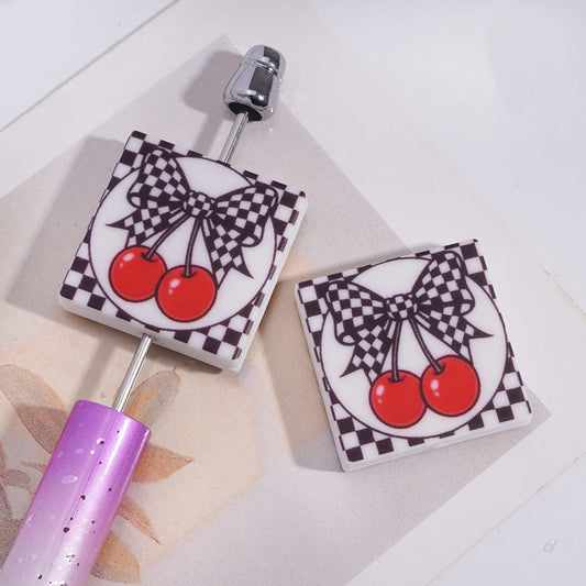 Black & White Checkered Bowtie and Cherry Pattern Print on Flat Square Shape Silicone Focal Bead