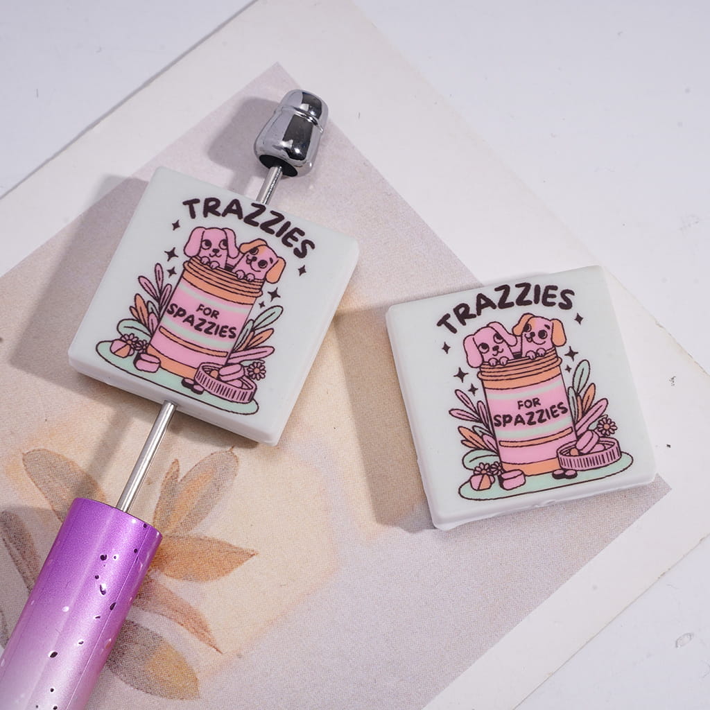 Cute Two Dog in Medicine Bottle print on Flat Square Shape Silicone Focal Beads