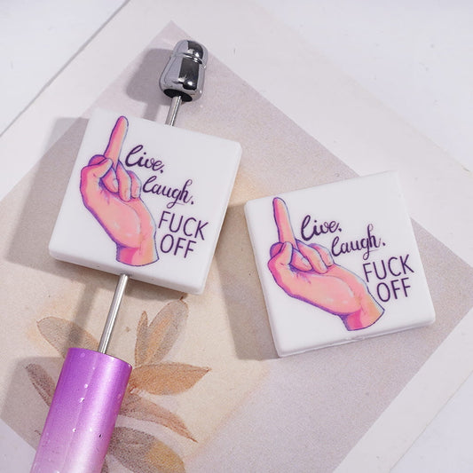 Silicone Focal Beads with Text "live, laugh..." and Hand, Flat Square Shape