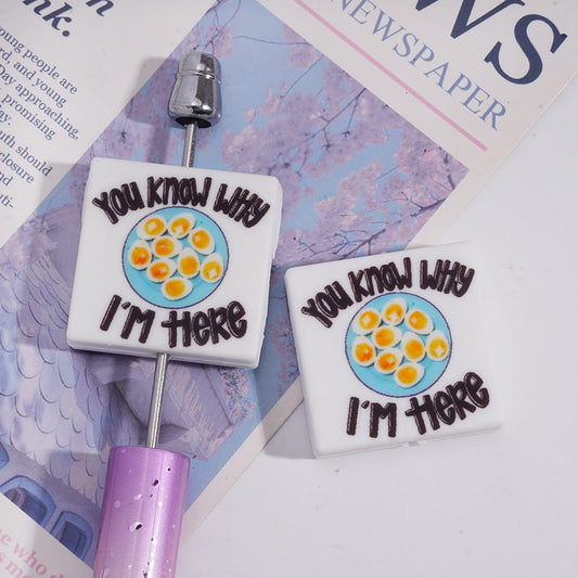 Flat Square Shape Silicone Focal Beads with Text "You Know Why I'm Here" and A Plate of Eggs, Funny Novelty