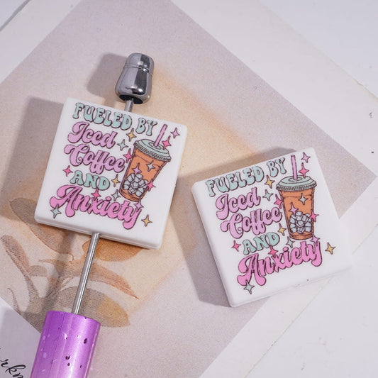Funny Coffee Lover Flat Square Shape Silicone Focal Beads with Ice Coffee Cup and Text "Fueled By Iced Coffee AND Anxiety"