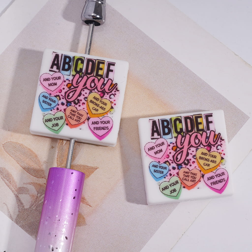 Various Words with Hearts Prints on Flat Square Shape Silicone Focal Beads