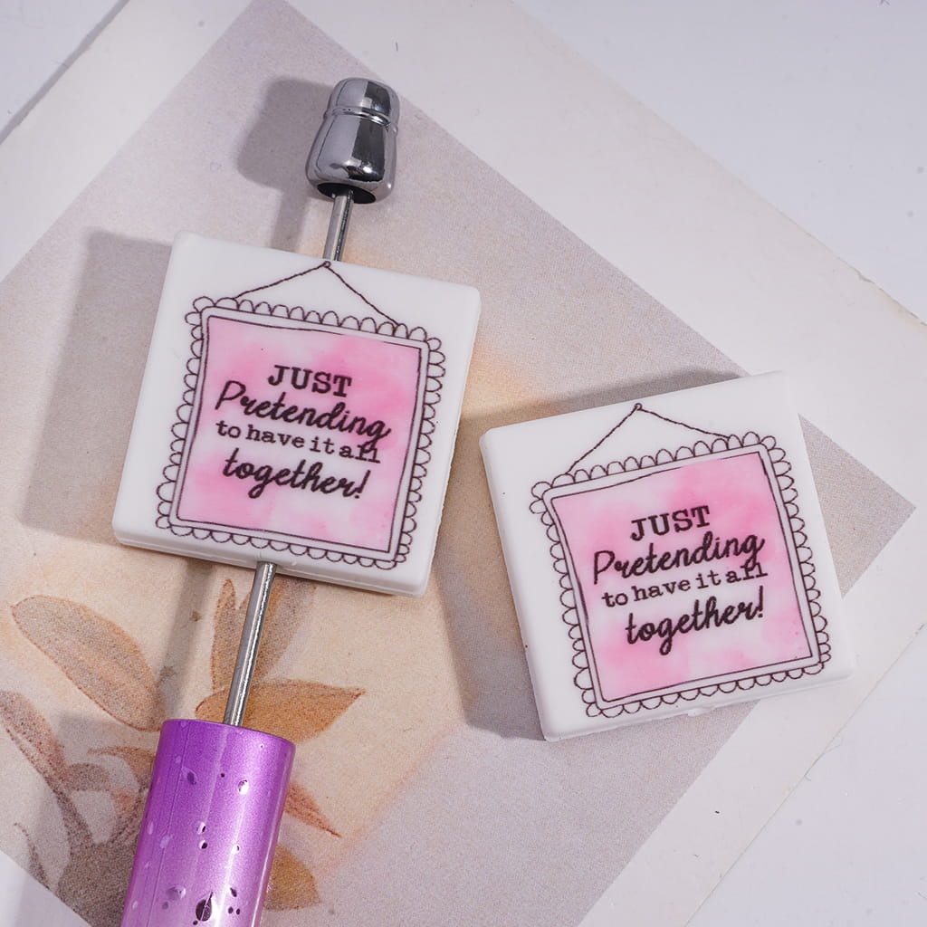 Pink Frame Print Flat Square Shape Silicone Focal Beads with Text “JUST Pretending to Have It All Together