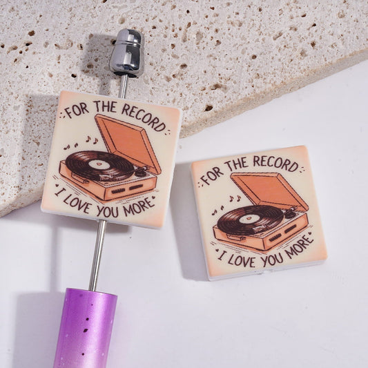 Vinyl Record Player Design with Text "FOR THE RECORD & I LOVE YOU MORE", Flat Square Shape Silicone Focal