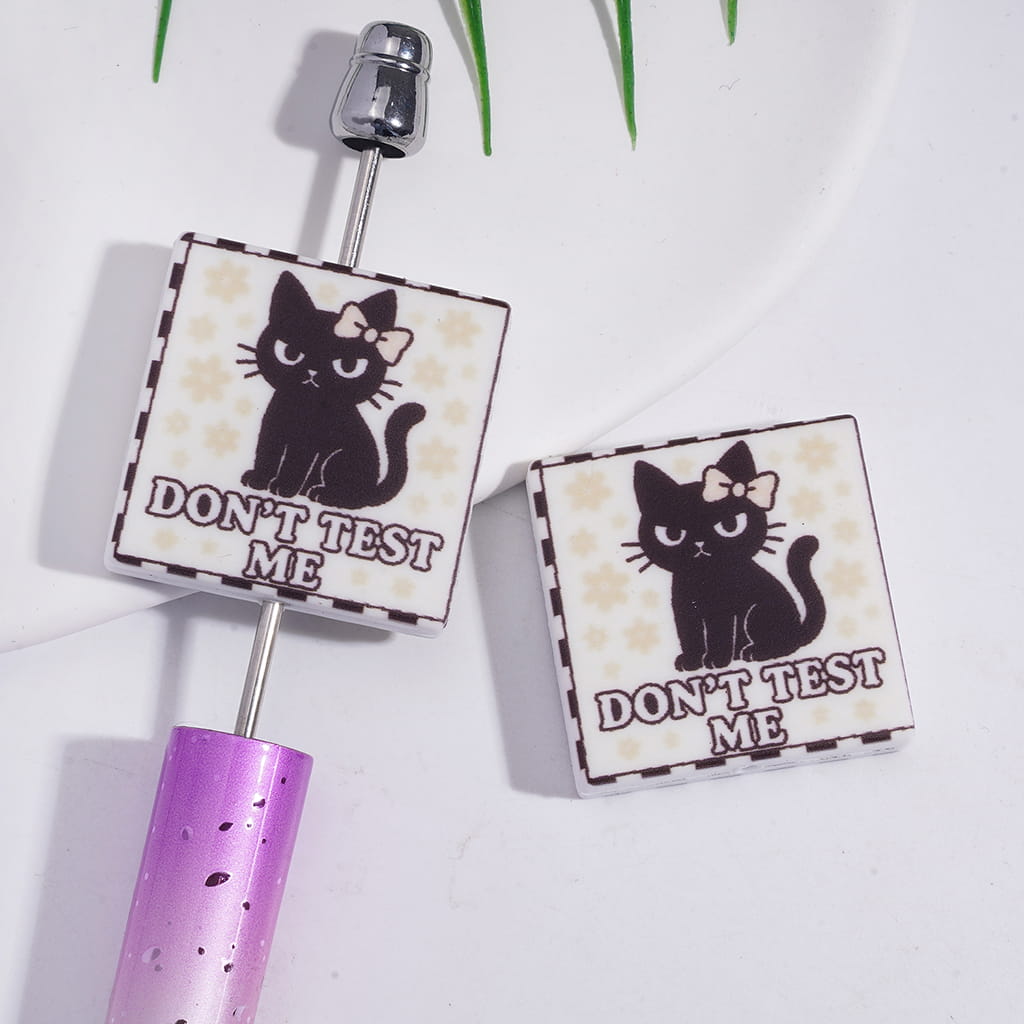 Black Cat Character with Text "DON'T TEST ME", Flat Square Shape Silicone Focal Beads
