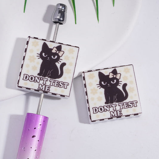 Black Cat Character with Text "DON'T TEST ME", Flat Square Shape Silicone Focal Beads