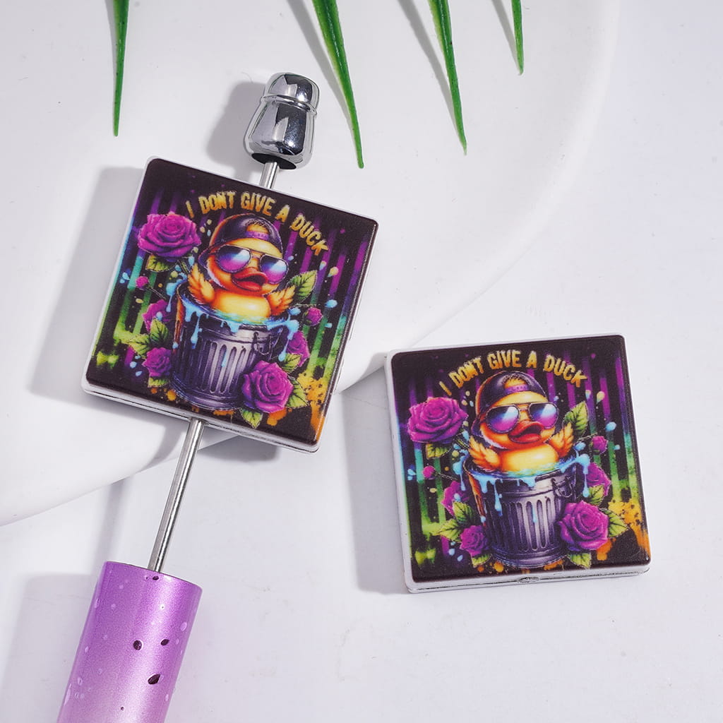 Cool Duck Taking Bath in Iron Bucket Print with text “I Don’t Give a Duck” Flat Square Shape Silicone Focal Beads