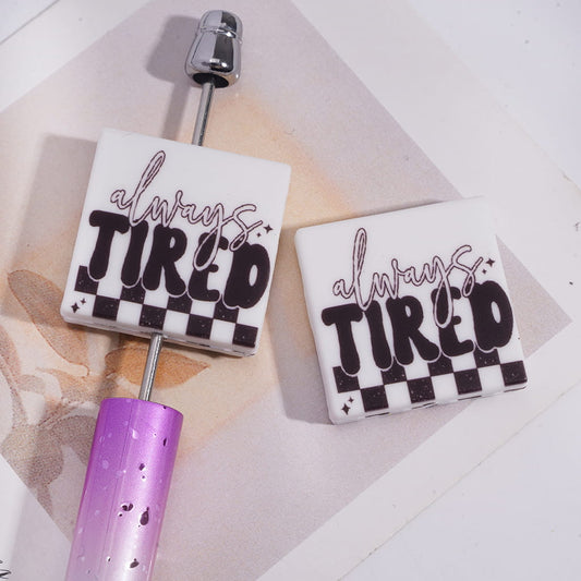 Black White Checkered, Flat Square Shape Silicone Focal Beads with Text "always TIRED"