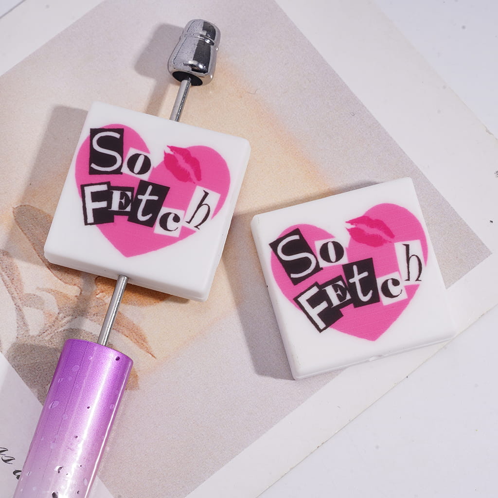 Pink Heart with Red Lip and Text "So FEtch", on Flat Square Shape Silicone Focal Beads
