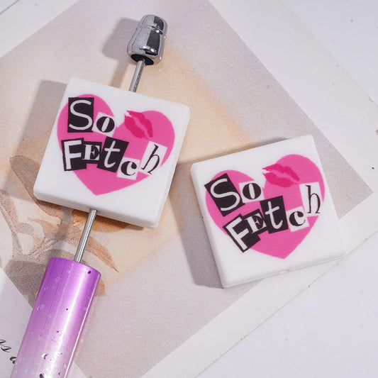 Pink Heart with Red Lip and Text "So FEtch", on Flat Square Shape Silicone Focal Beads