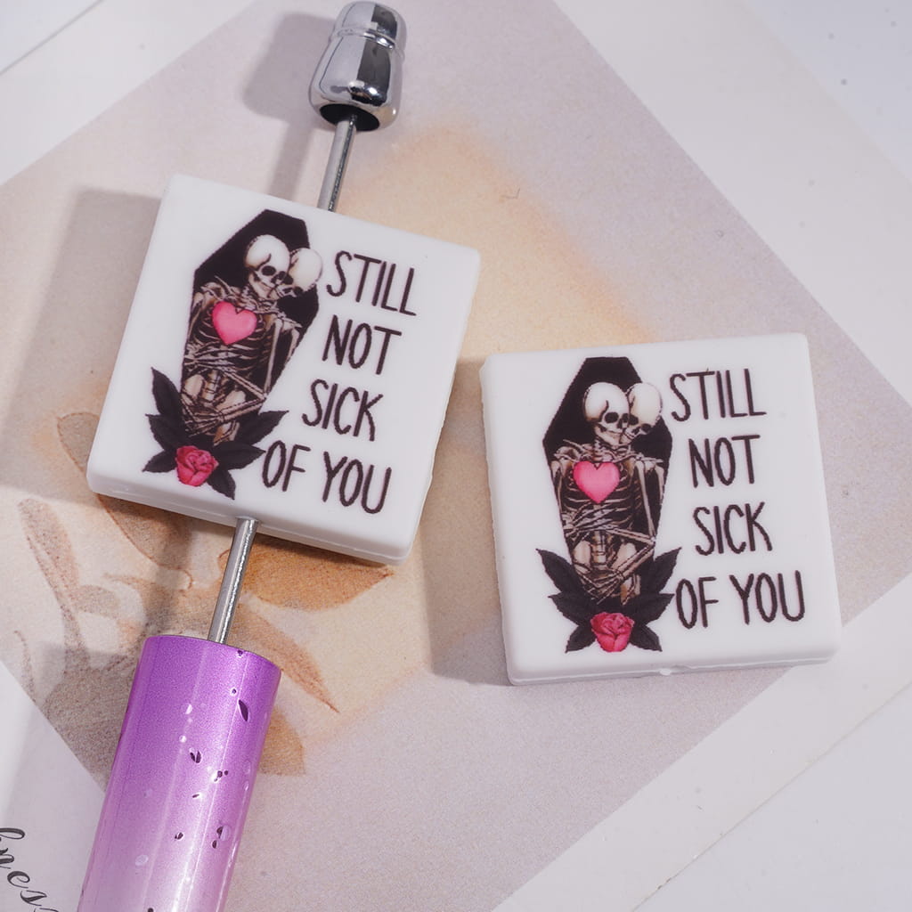 Couple joint burial coffin and Text "STILL NOT SICK OF YOU", Flat Square Shape Silicone Focal Beads