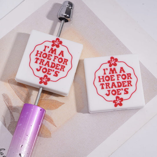 Silicone Focal Beads with Red Text "I'M A HOE FOR TRADER JOE'S" and Flowers Line, Flat Square Shape