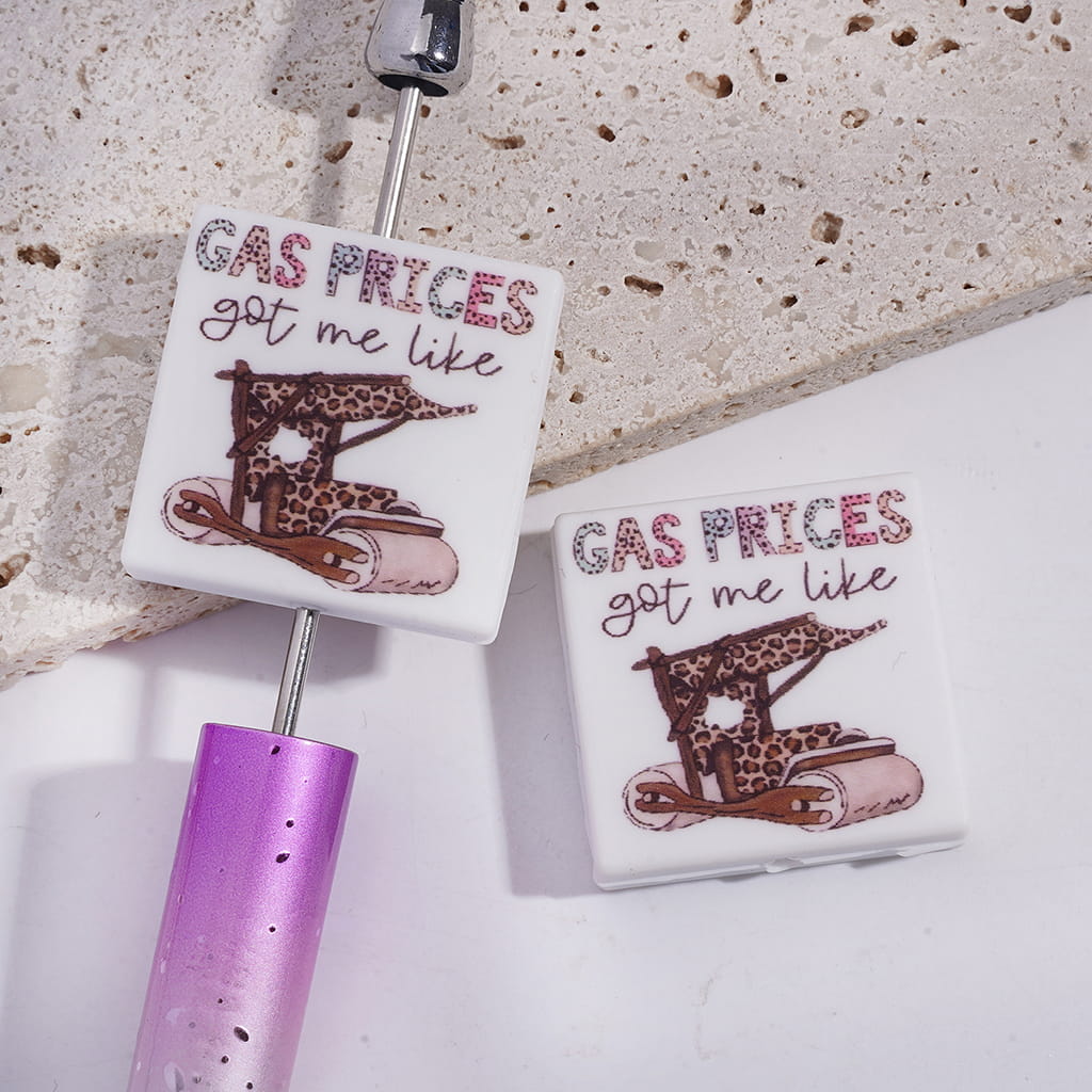Flat Square Shape Silicone Focal Beads with Text "GAS PRICES got me like" and Leopard Printed Car
