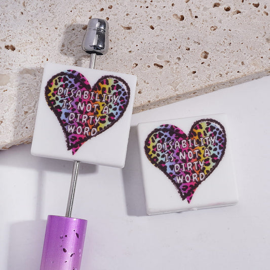 Colorful Leopard Printed Heart with text “Disability Is Not a Dirty Word” Flat Square Shape Silicone Focal Beads Random Mix